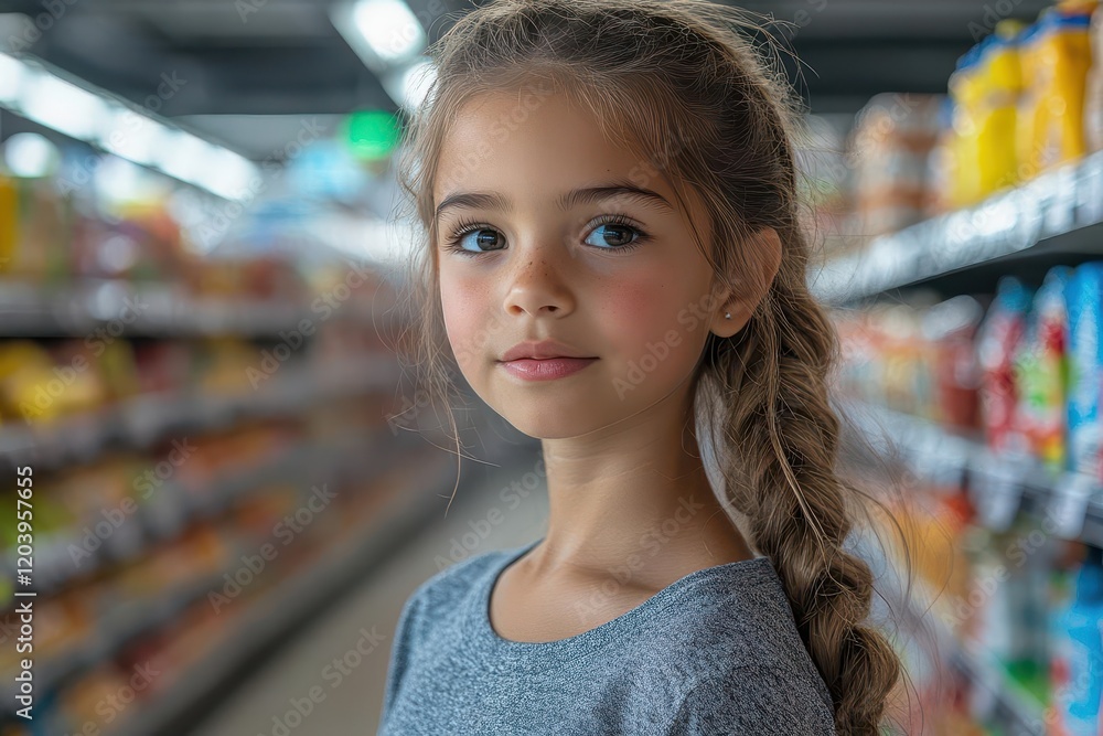 a surprised young girl of hispanic descent stands in the grocery aisle surrounded by colorful shelves reflecting the shock of rising prices amidst a bustling supermarket scene a surprised young girl of hispanic descent stands in the grocery aisle surrounded by colorful shelves reflecting the shock of rising prices amidst a bustling supermarket scene