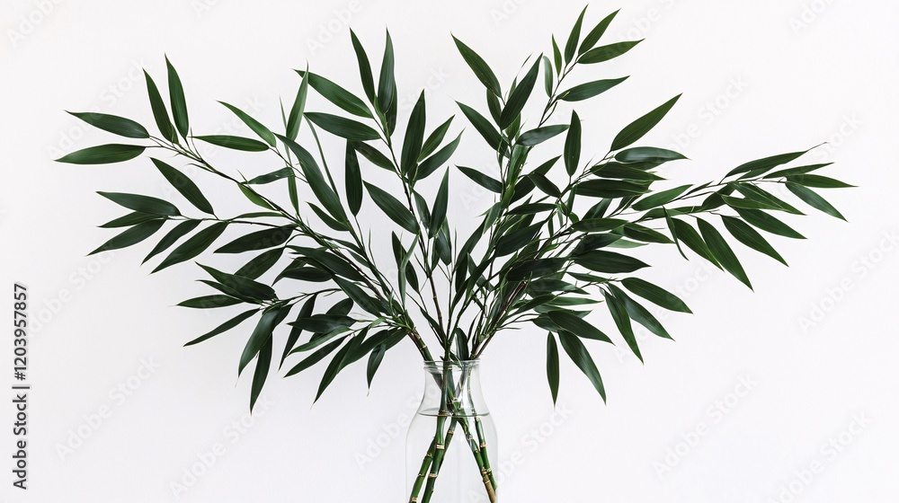 Fototapeta premium of bamboo leaves arranged in a minimalist vase, emphasizing simplicity and elegance in an Asian-themed setting Bamboo leaves 