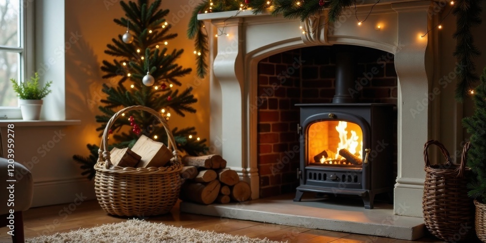 Cozy winter scene featuring a fireplace with a warm fire, decorated with a garland and Christmas tree Cozy winter scene featuring a fireplace with a warm fire, decorated with a garland and Christmas tree
