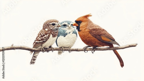 Three birds on a branch, a cardinal, a small owl, and a tiny blue bird,  closeup, detailed illustration, wildlife, nature,  cute,  adorable,  feathered,  wings,  beaks,  perched,  nature,  forest,  co photo