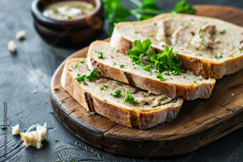 Close up of sliced bread with meat spread, garnished with fresh parsley, served on rustic wooden board Close up of sliced bread with meat spread, garnished with fresh parsley, served on rustic wooden board