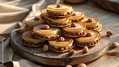 Golden hotteok with a cinnamon-nut filling, sprinkled with sugar, set on a rustic plate, bathed in warm afternoon light. photo