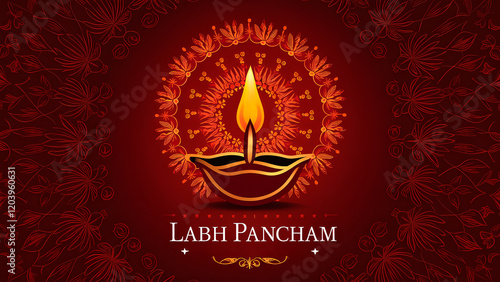 Labh Pancham Festive Background: Diwali Oil Lamp, Mandala Art, Red & Gold Indian Holiday Celebration Graphic