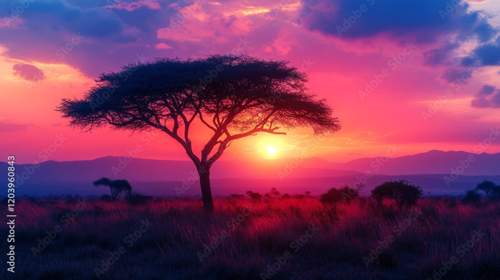 Vibrant African Sunset Landscape with Silhouetted Tree and Pink Sky, creates peaceful and majestic scenic at dusk Vibrant African Sunset Landscape with Silhouetted Tree and Pink Sky, creates peaceful and majestic scenic at dusk
