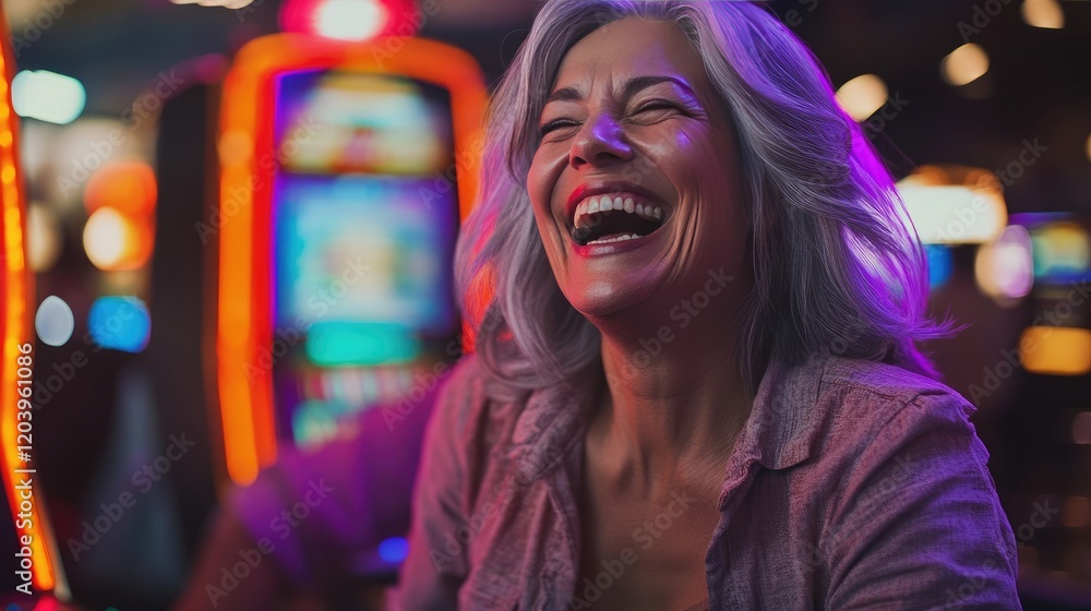 Obraz premium Close-up of a happy senior woman with short gray hair, wearing glasses, laughing heartily while playing a slot machine in a vibrant casino.