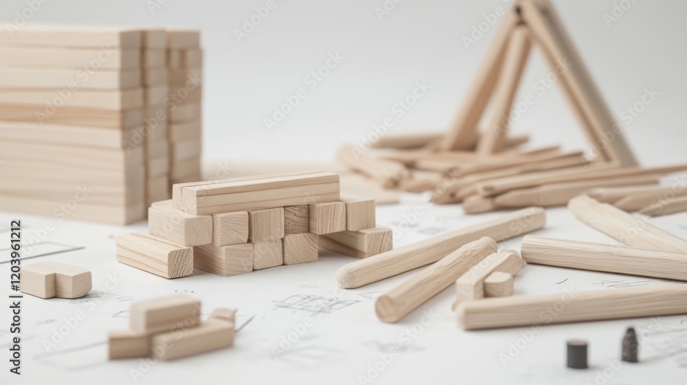 Wooden blocks and architectural blueprints. Wooden blocks and architectural blueprints.