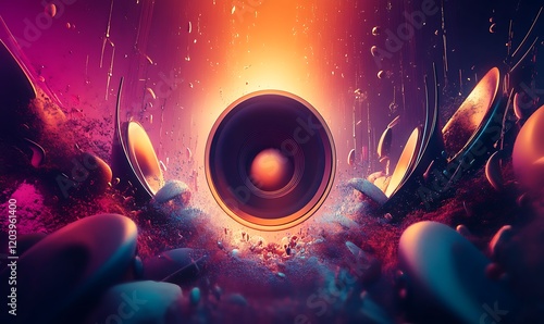 Glowing music sheets notes with headphones on beautiful lights bokeh background.

