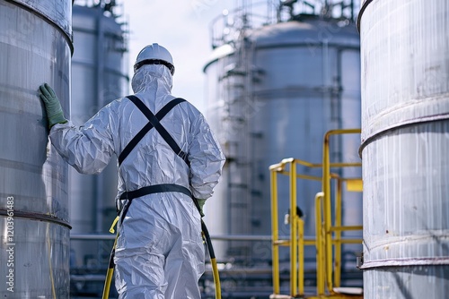 A worker in a protective suit cleaning industrial tanks in a chemical plant photo