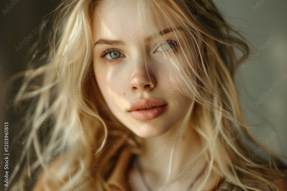 Close up portrait of beautiful blonde model with long wavy hair, wearing natural makeup Close up portrait of beautiful blonde model with long wavy hair, wearing natural makeup