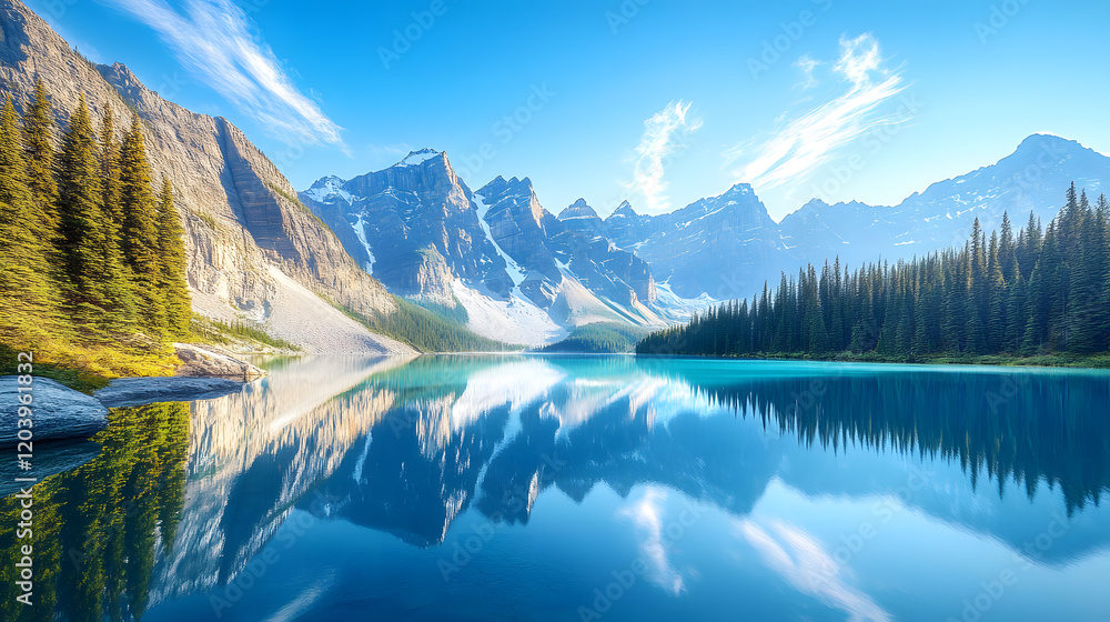 Fototapeta premium A scenic mountain lake surrounded by tall peaks and clear blue skies.
