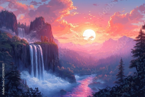 a tranquil pixel art mountainscape at dawn featuring cascading waterfalls floating islands and pastelcolored clouds rendered in 16bit style photo