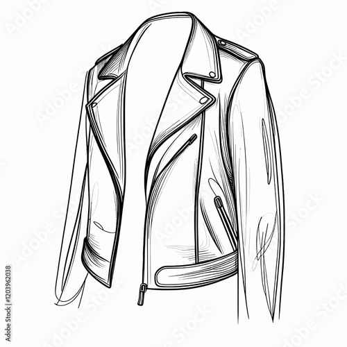 Leather jacket sketch with zipper details on white background