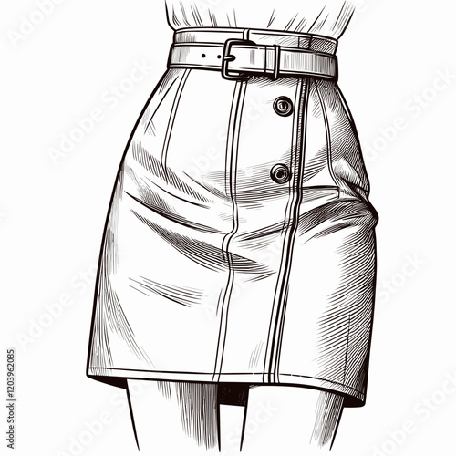 Belted pencil skirt sketch with button details on white background