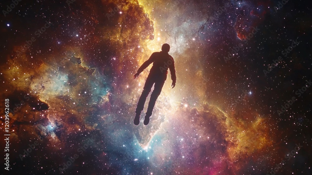 Naklejka premium Floating Silhouette Amidst Celestial Nebula and Vastness of Stars, Representing Daydreaming, Imagination, and Cosmic Wonder in Science Fiction
