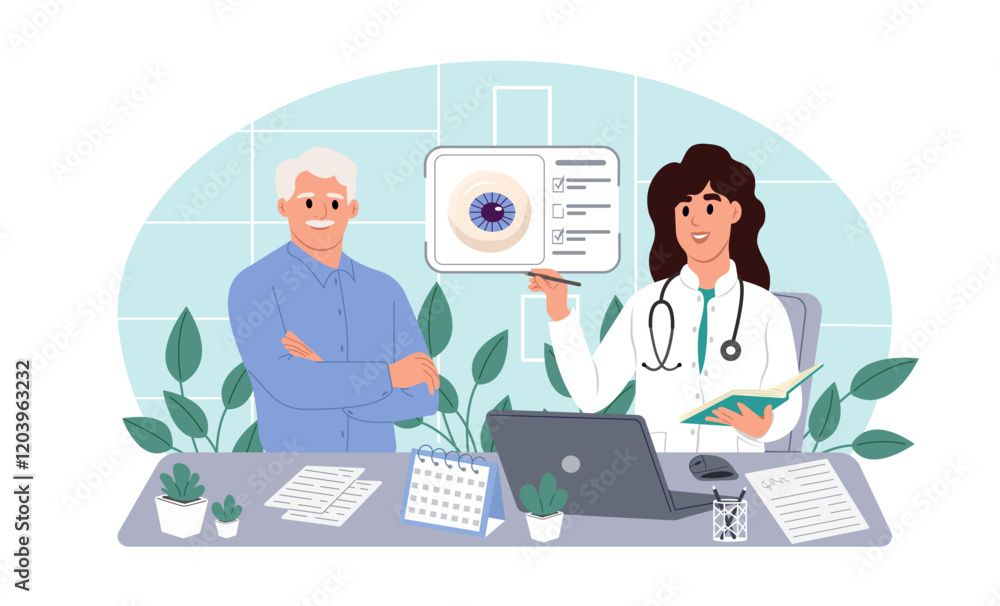 Checkup at ophthalmologist of a patient with vision problems. Eye and vision care concept. Glaucoma Awareness Month. Checkup at ophthalmologist of a patient with vision problems. Eye and vision care concept. Glaucoma Awareness Month.