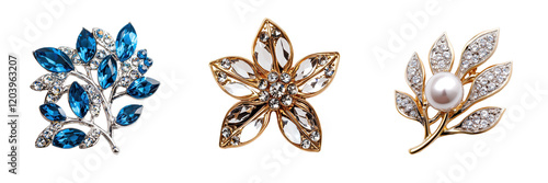 Elegant brooches with blue stones, floral design, and pearl