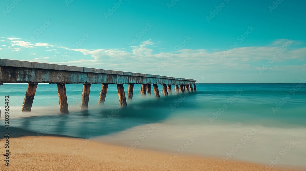 Fototapeta premium Wooden Pier Stretching Over Calm Ocean Waters Under a Bright Blue Sky