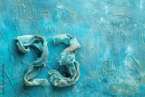 Fabric shaped into the number 23 on a textured blue surface. photo