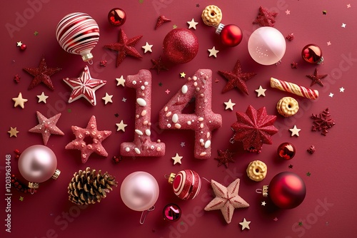 Festive red and pink ornaments surround the number fourteen 14 creating a joyful holiday atmosphere