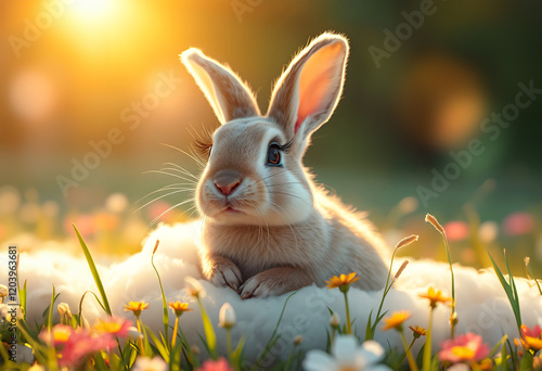 Cute rabbit in a blooming meadow. Made by AI, Artificial intelligence. Generated image