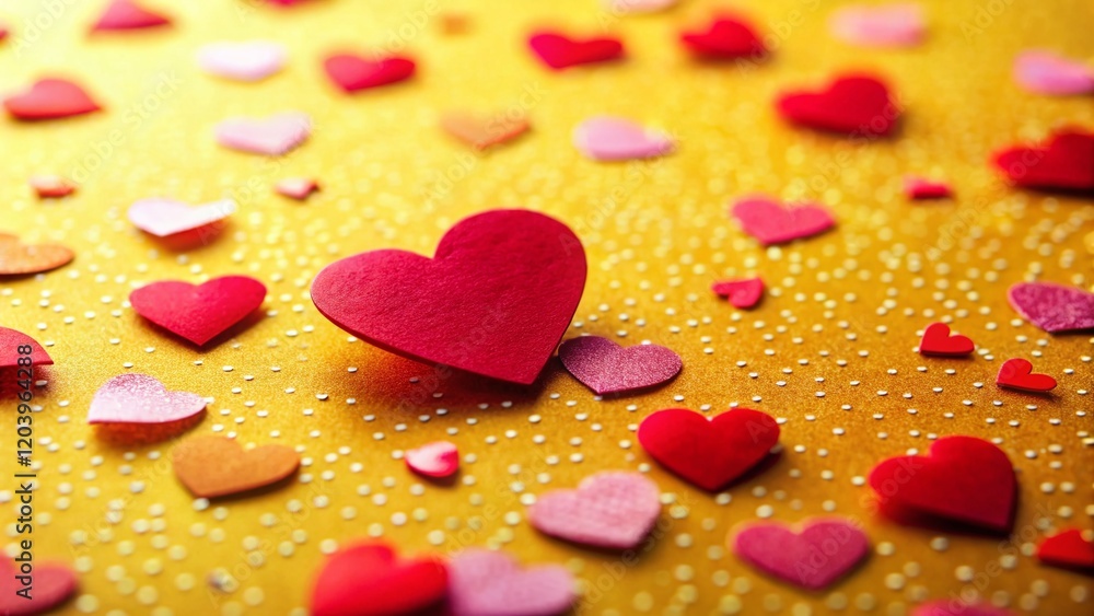 Obraz premium Romantic Valentine's Day Background: Red and Pink Hearts on Yellow