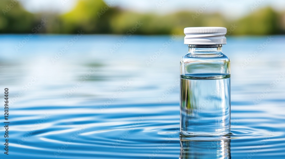 Obraz premium A clear glass bottle filled with water floats gently on calm blue water, creating ripples in a serene outdoor setting.