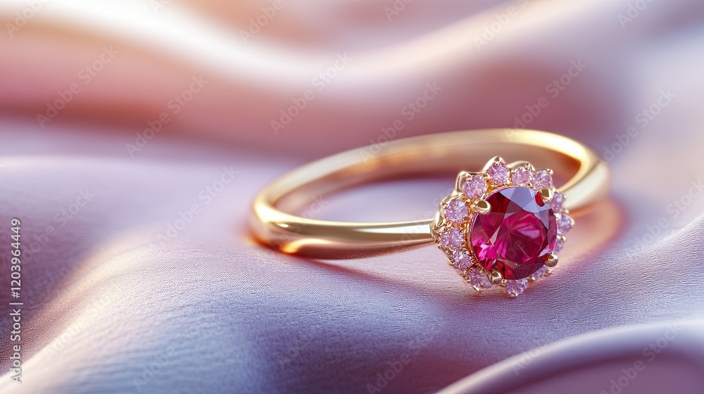 A luxurious gold ring with a ruby gemstone, resting on a soft satin surface, with a blurred romantic background and ample space for text. A luxurious gold ring with a ruby gemstone, resting on a soft satin surface, with a blurred romantic background and ample space for text.