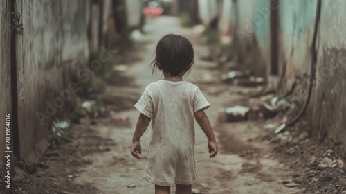 Fototapeta Naklejka Na Ścianę i Meble -  Young child walking alone down a narrow, dirty alleyway in a impoverished area.
