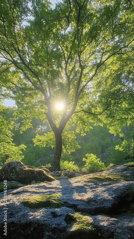 Fototapeta premium Peaceful meditation scene under trees in nature at sunset captured from low angle perspective