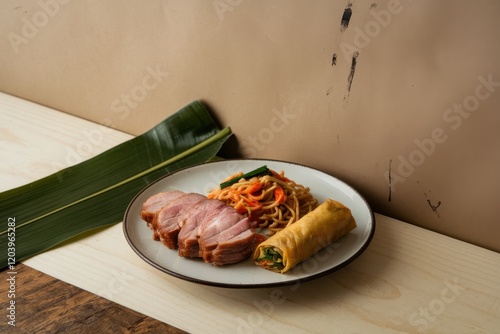 Delicious Asian meal with pork noodles and spring roll photo