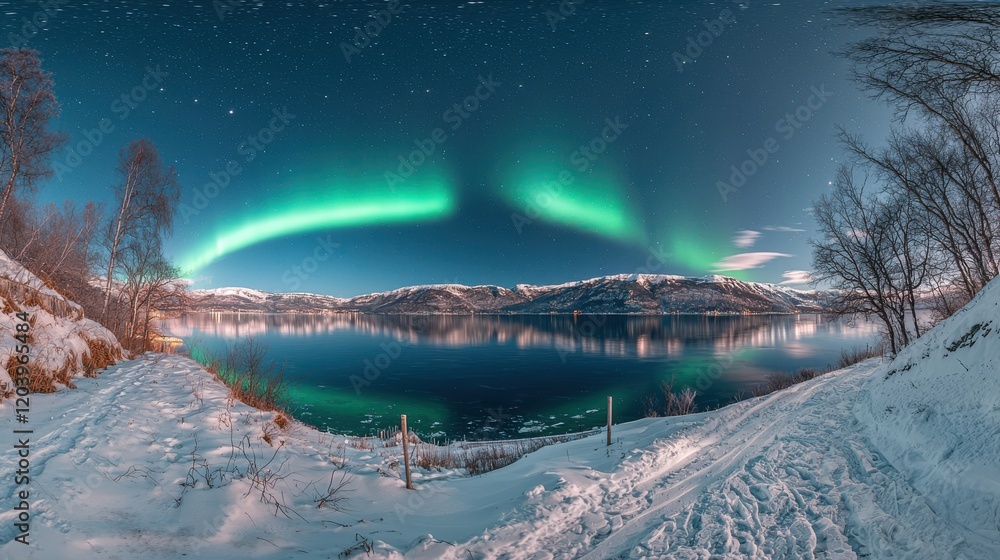 Fototapeta premium Aurora borealis illuminates snowy mountains norway landscape night sky vibrant colors