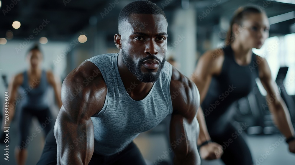 A fitness group working out in a modern gym, detailed close-up A fitness group working out in a modern gym, detailed close-up