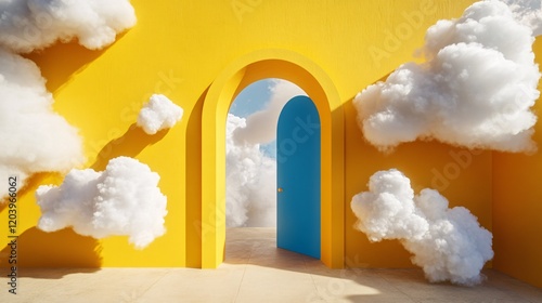 Surreal Yellow Room with Floating Clouds and Open Blue Door photo