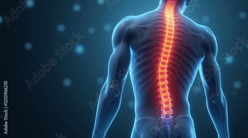 Human spinal cord injury, back pain on blurred background. 3d illustration