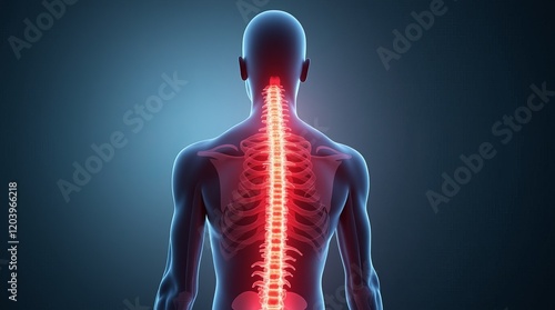 Human spinal cord injury, back pain on blurred background. 3d illustration