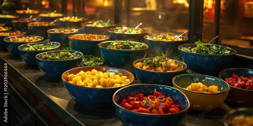 Fototapeta premium Gourmet vegan dishes in colorful bowls restaurant setting food warm lighting captivating presentation