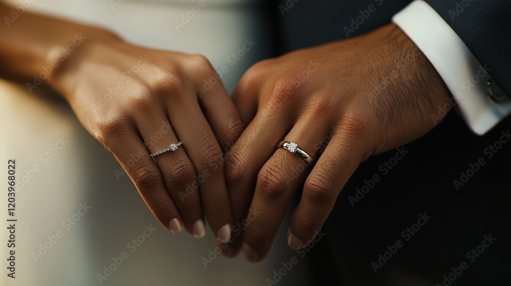 Close-up of bride and groom's hands with elegant engagement and wedding rings, perfect for wedding themes, romance concepts, and jewelry promotions Close-up of bride and groom's hands with elegant engagement and wedding rings, perfect for wedding themes, romance concepts, and jewelry promotions