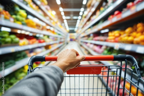 Shopping cart in a grocery store aisle with colorful food items on shelves in the background. photo