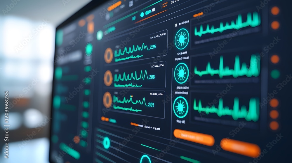 A close-up view of a digital monitor displaying various medical data and vital signs in a sleek, modern interface with green highlights. A close-up view of a digital monitor displaying various medical data and vital signs in a sleek, modern interface with green highlights.