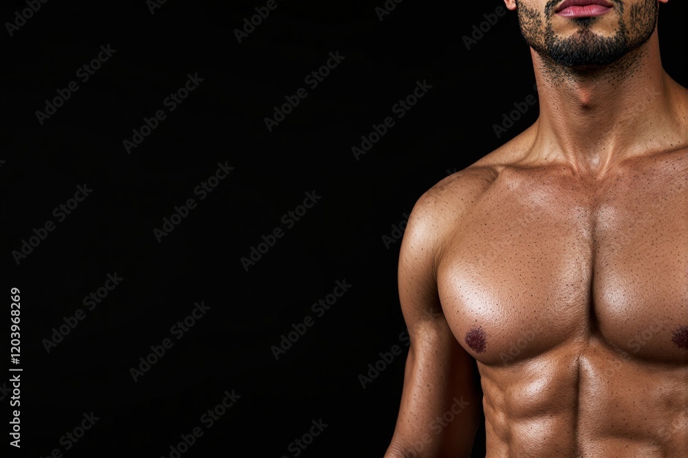 Naklejka premium Close-up of a muscular male chest and abs with a dark background.