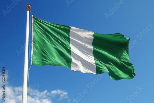 a vibrant green flag billowing in the wind against a clear blue sky with a crisp white stripe running along its length symbolizing vitality and hope radiating positivity and strength photo