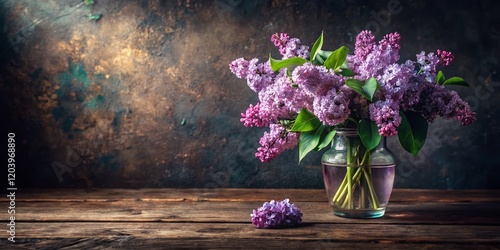 Wallpaper Mural Rustic Elegance: Lilacs in Glass Vase on Wooden Table, Dark Background, Home Decor, Floral Design, Copy Space Torontodigital.ca
