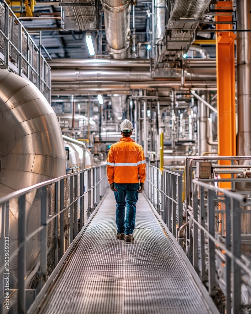A worker walking along a suspended platform in a large industrial plant A worker walking along a suspended platform in a large industrial plant