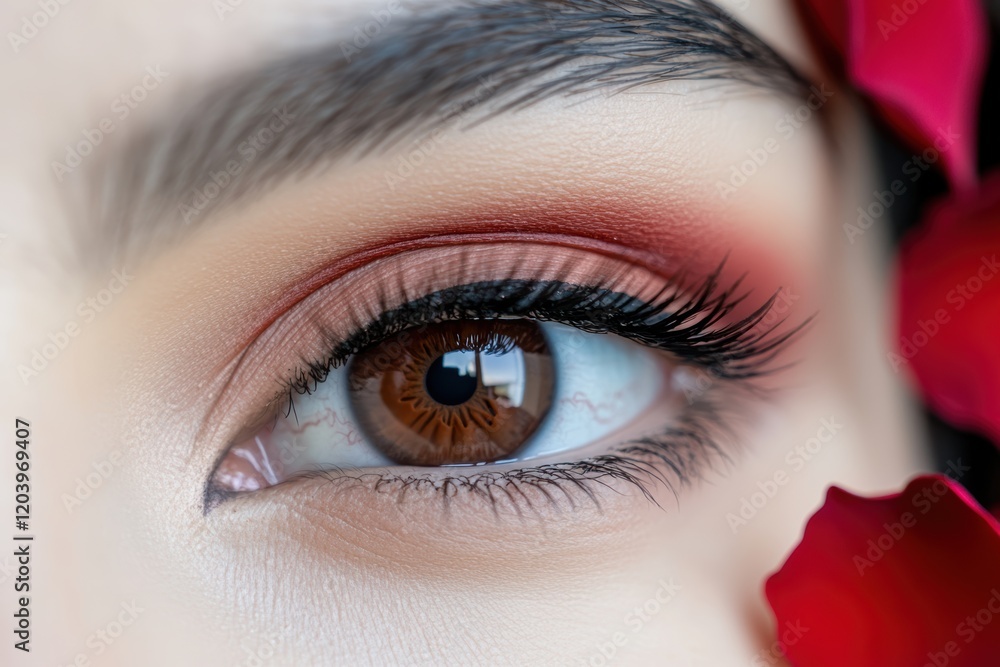 Obraz premium a woman's eye with red makeup with rose petals