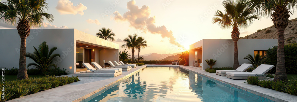 Fototapeta premium Banner Pool on Elite Villas, Beachfront, Sea, Ocean: Travel and Relaxation