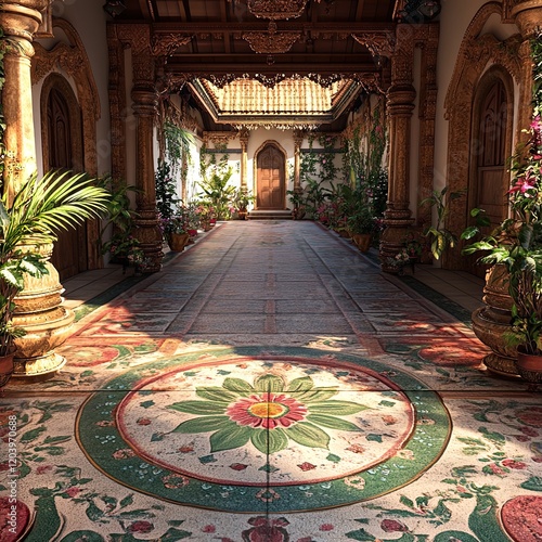 Vibrant Sarasvati Rangoli Adorns Temple Courtyard Festive Indian Art photo