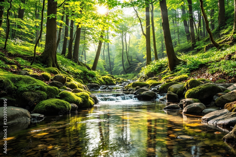 Obraz premium Serene forest stream with sunlight filtering through lush green leaves.