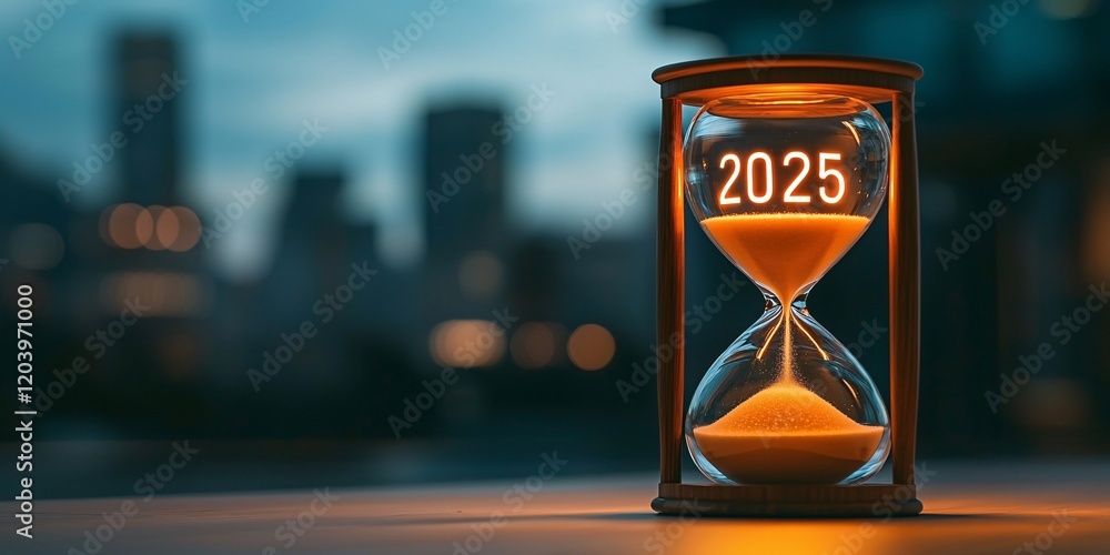 Countdown to 2025 captivating hourglass displaying time's passage urban environment artistic photography evening setting concept of time management