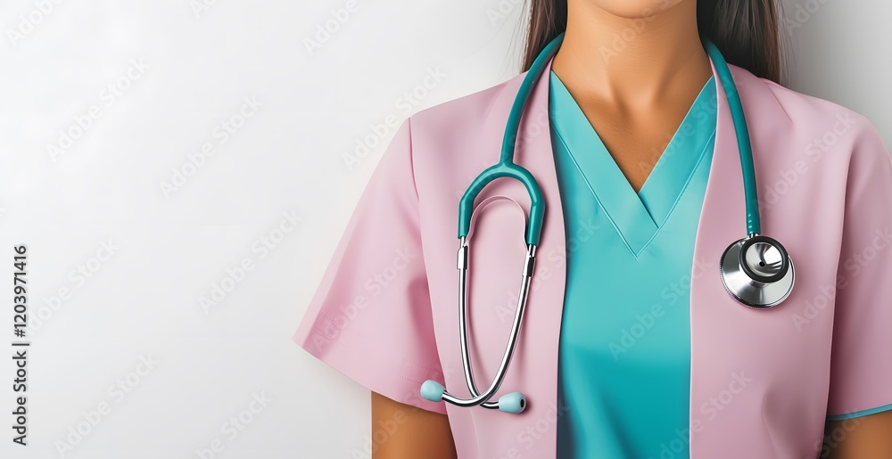 A healthcare professional in scrubs wears a stethoscope, symbolizing care and medical expertise. A healthcare professional in scrubs wears a stethoscope, symbolizing care and medical expertise.