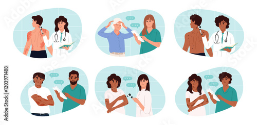 The doctor examines the patient's skin diseases. Dermatological skin disease. Vector illustration in flat style